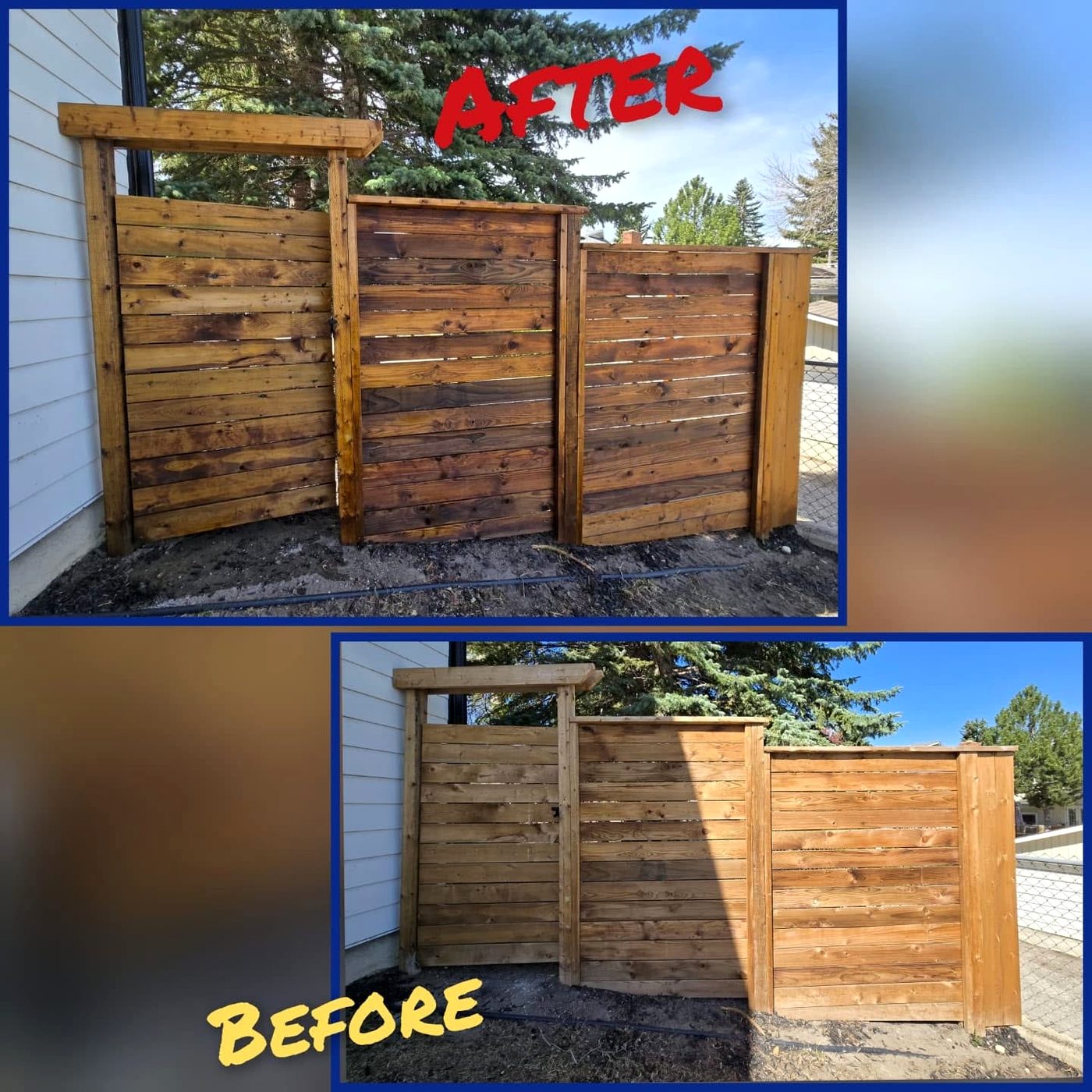 Fence staining before and after